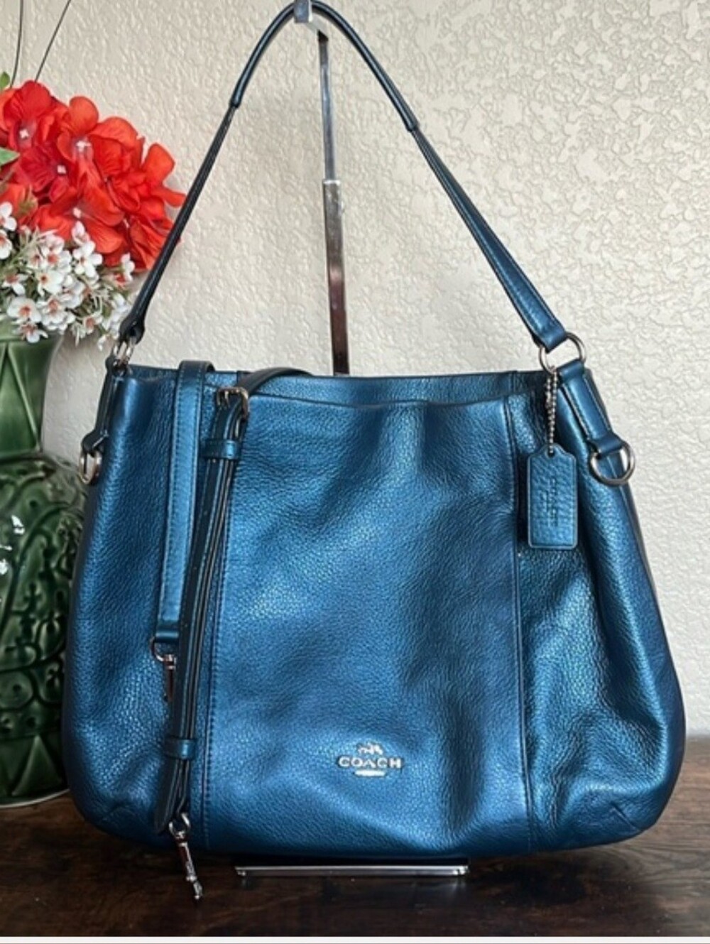 Coach Isabelle Metallic Blue Leather Bag with detachable strap